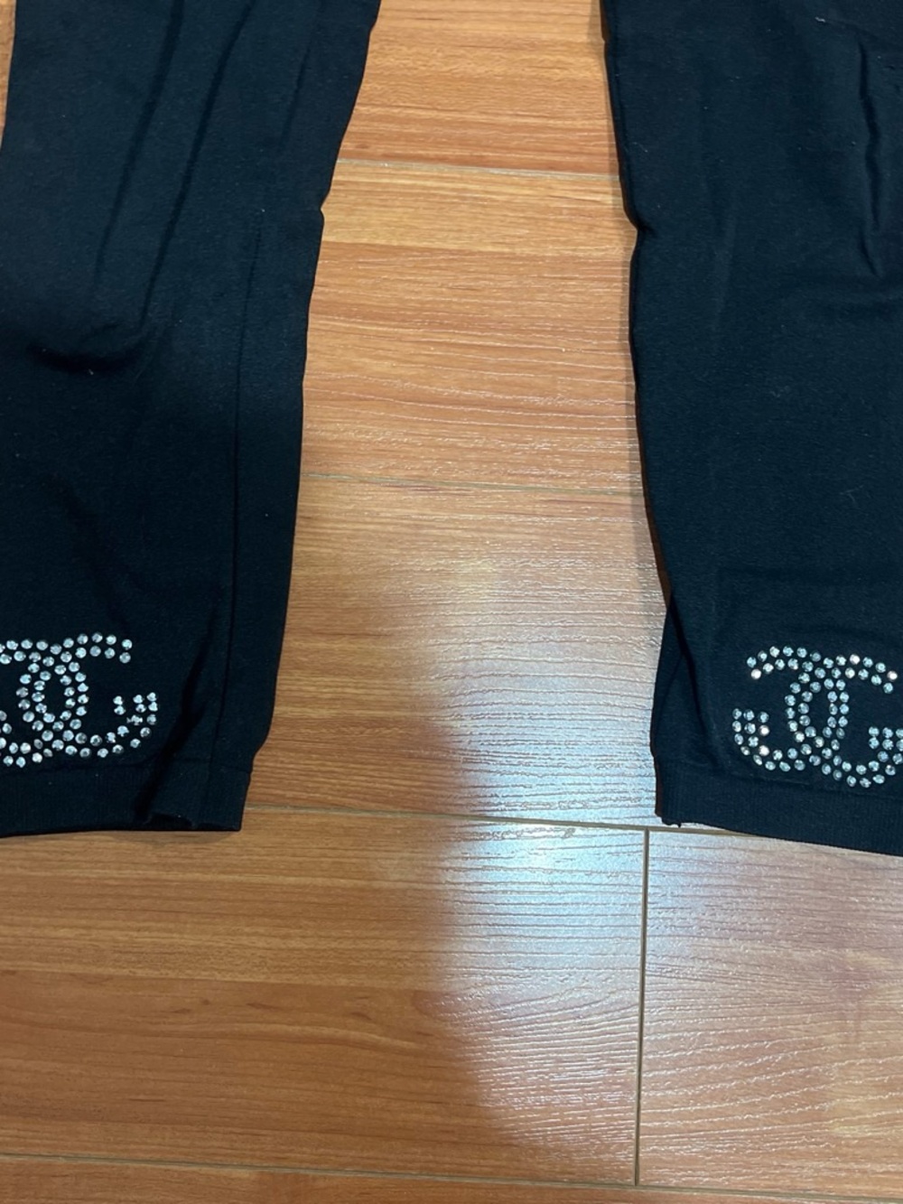 Black Leggings with Rhinestone Chanel Logo Accent - Picture 2 of 4